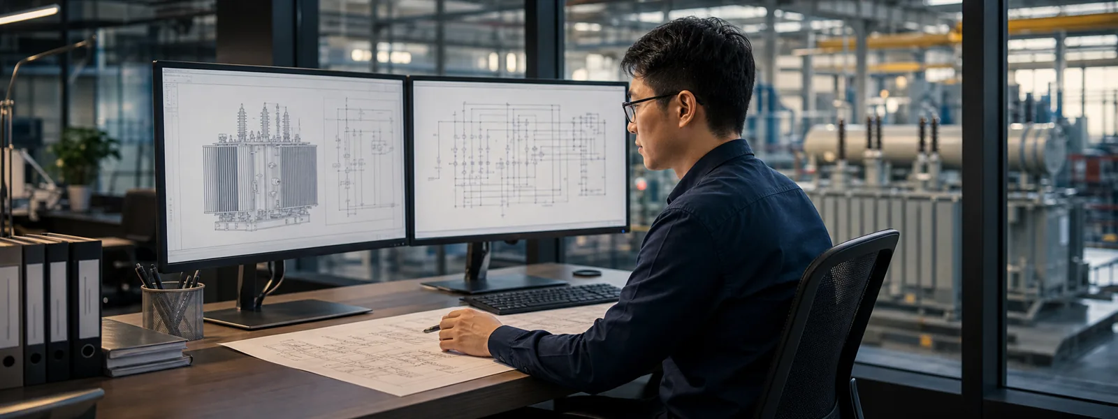 Engineer at workstation selecting transformer specifications